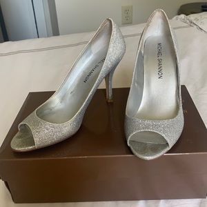 Michael Shannon silver sparkly heels probably 2 inch heel